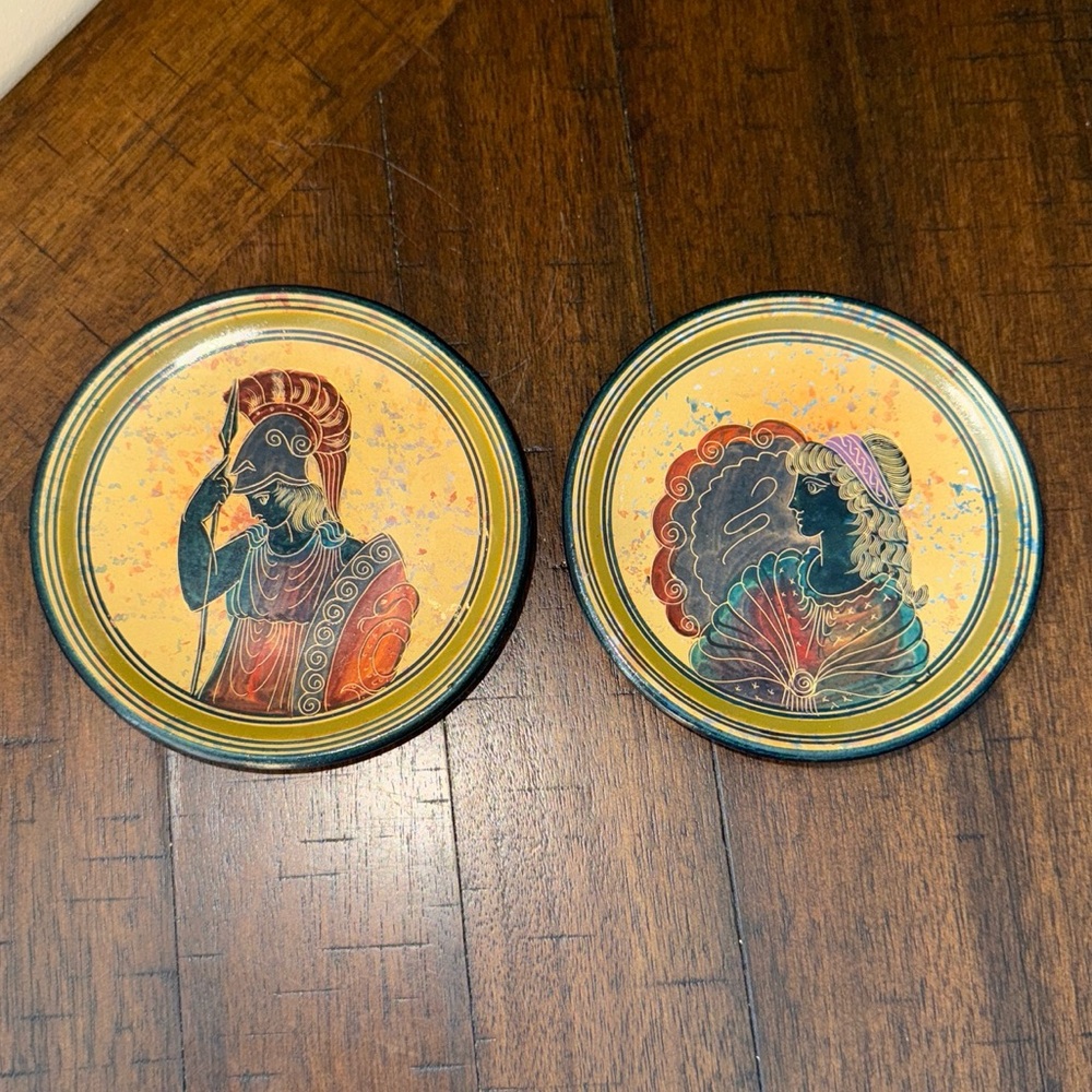 2 Greek Goddess & God Rare Ancient Greek Hand Painted Art Pottery Plate Coasters